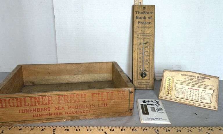 The State Bank of Fraser Michigan Wood Thermostat, 1953 Calder and Light Switch Cover Mt. Clemens Bu