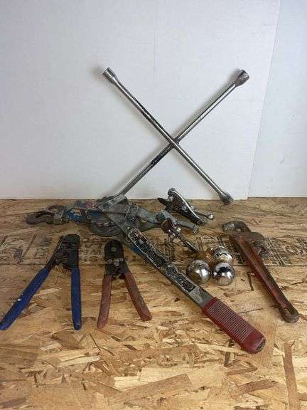 Buffalo Gear Puller, Come-Along, Tire Iron, Ridgid 12” Wrench, Hitch Balls & Tools