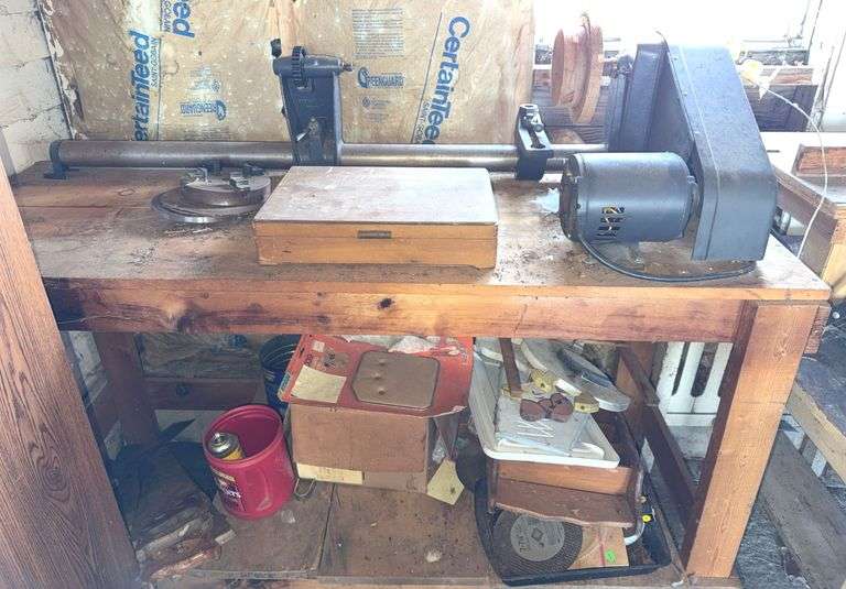 Lathe Mounted To Wooden Work Bench on Wheels (37”T,60”W,23”D) & Craftsman Lathe Chisel Set