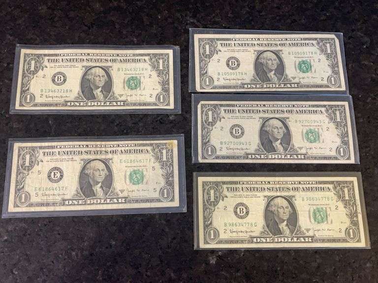 Five U.S. $1.00 Bills- 1963 B & 2003 A