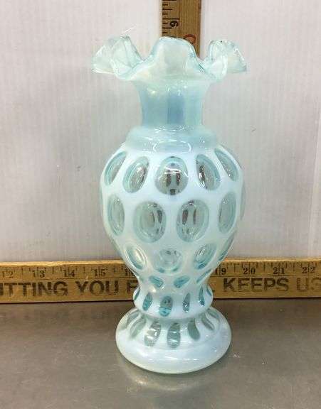Fenton Coin Dot Blue Opalescent Art Glass Vase - Sherwood Auctions