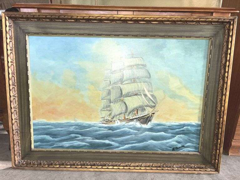 Original Sailing Ship Oil on Canvas Painting Signed and Framed 32”X 44”