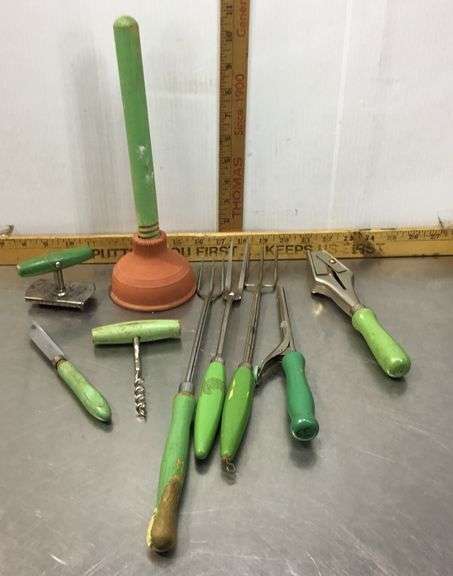 Green Handled Utensils, Hand Plunger and Curling Iron