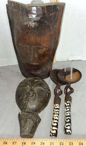 Wood And Bone Carved African Tribal Salad Set Spoons & Hand Carved Tribal Art