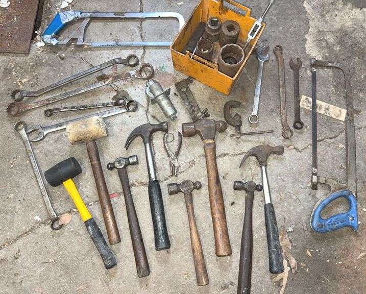 Assorted Hammers, Combination Wrenches, Large Sockets & Saws