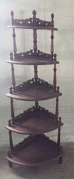 Ornate Wood Five-Tiered 57”x23” Corner Shelf