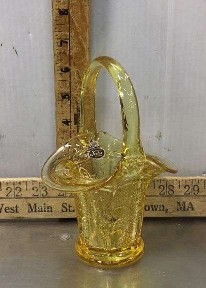 Fenton Yellow Topaz Butterflies and Berries Glass Basket