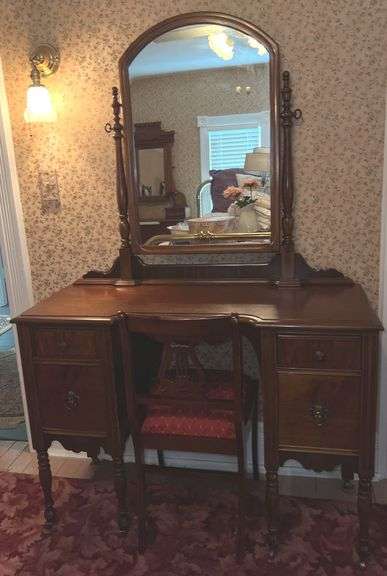 Cherry Antique Vanity w/ Mirror & Chair (68”T,44”L,18.5”D)