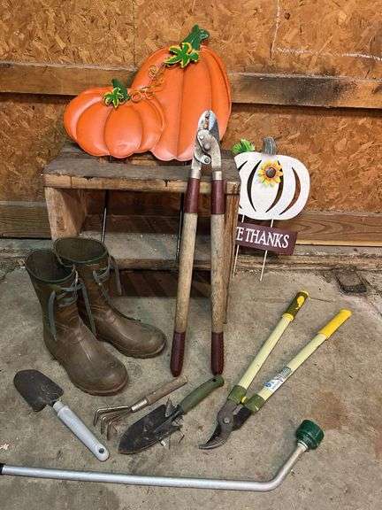 Gardening Tools, Wooden Bench, Boots & Two Pumpkin Yard Signs