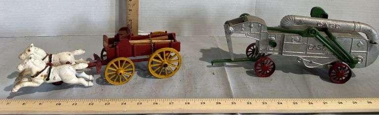 Case Toy Threshing Machine & Cast Iron Horse Draw Logging Wagon