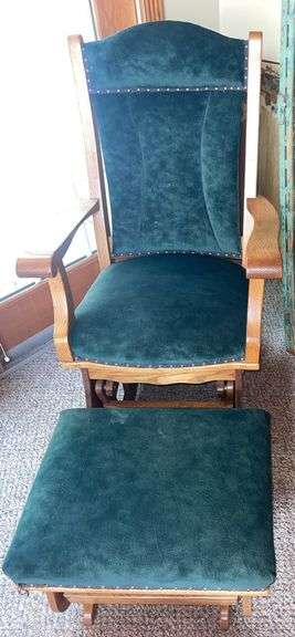 Solid Oak Green Suede Covered Glider Rocker w/ Matching Ottoman