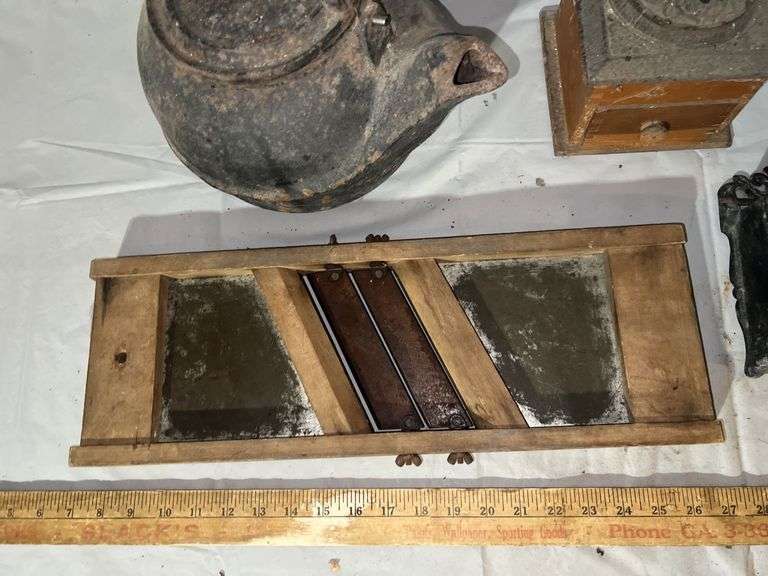 Cast Iron Kettle, Coffee Grinder, Cast Iron Match Holder & Primitive Sauerkraut Cutter