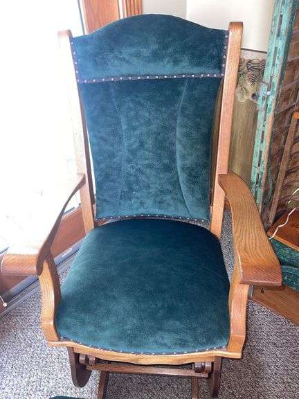 Solid Oak Green Suede Covered Glider Rocker w/ Matching Ottoman ...