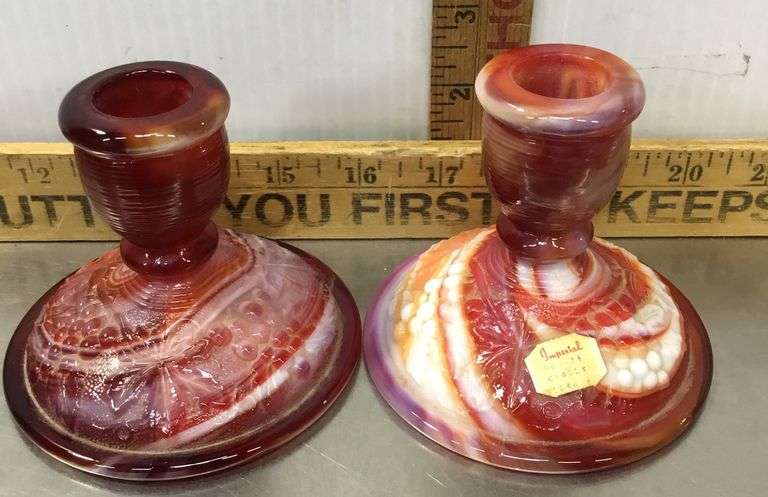Imperial Red Slag Glass Candlestick Holders