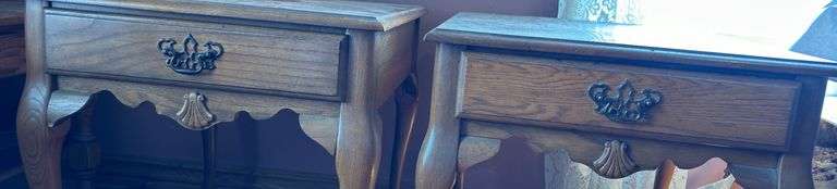 Two Oak End Tables with Drawers 22”T X 27”D X 22”D