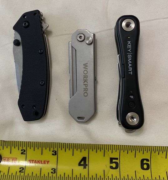 Keysmart Pro w/ Tile Smart Location MultiTool, Kershaw 1555G10 Hinderer Design Knife, Workpro Foldin