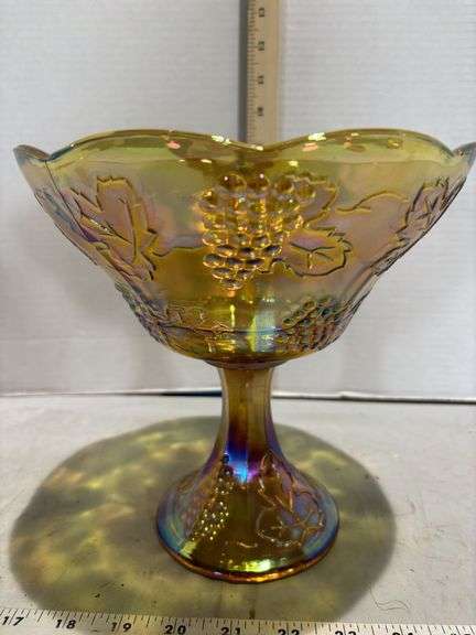1970s  Carnival Glass Harvest Grape Amber Pedestal Bowl
