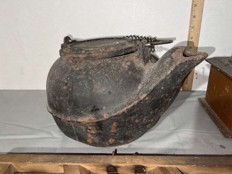 Cast Iron Kettle, Coffee Grinder, Cast Iron Match Holder & Primitive Sauerkraut Cutter