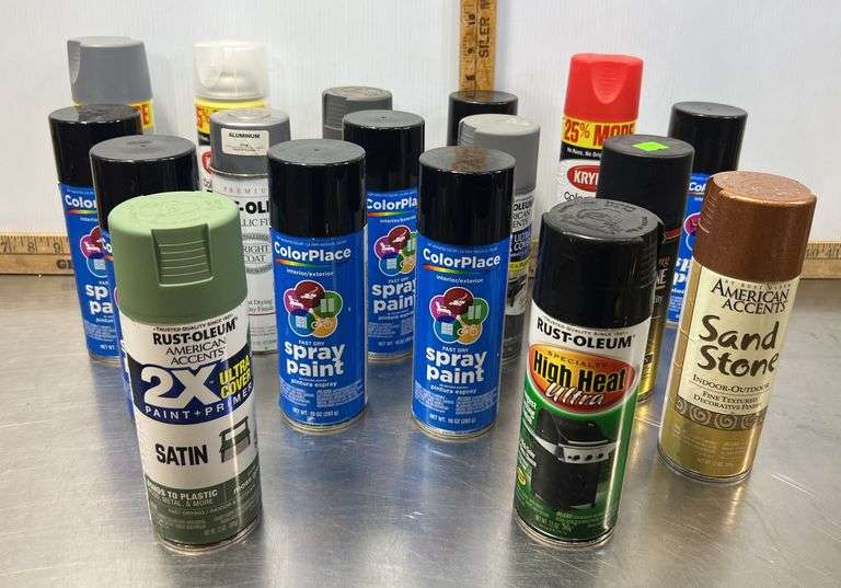 Assorted Spray Paint New and Used, Green, Black, Poppy Red, Grey