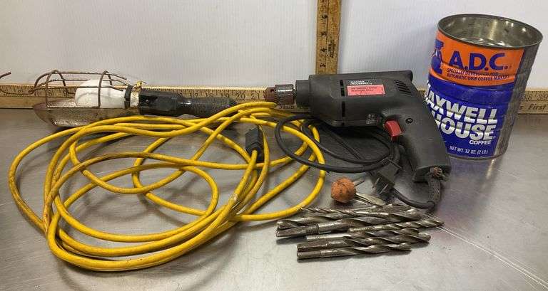 Garage Light, Master Mechanic Drill (both power up) & Drill Bits