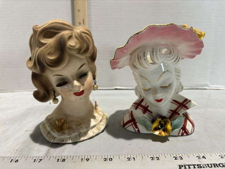 Napco Ware Porcelain Lady Head Vase Gold Accents & 1950’s Lefton Margo Lady Head Vase