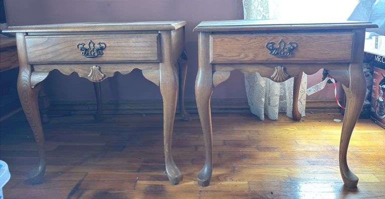 Two Oak End Tables with Drawers 22”T X 27”D X 22”D
