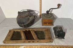 Cast Iron Kettle, Coffee Grinder, Cast Iron Match Holder & Primitive Sauerkraut Cutter