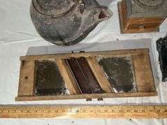 Cast Iron Kettle, Coffee Grinder, Cast Iron Match Holder & Primitive Sauerkraut Cutter