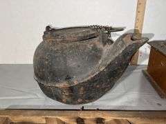 Cast Iron Kettle, Coffee Grinder, Cast Iron Match Holder & Primitive Sauerkraut Cutter