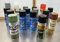 Assorted Spray Paint New and Used, Green, Black, Poppy Red, Grey