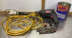Garage Light, Master Mechanic Drill (both power up) & Drill Bits