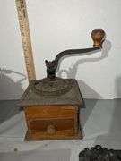 Cast Iron Kettle, Coffee Grinder, Cast Iron Match Holder & Primitive Sauerkraut Cutter