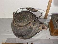 Cast Iron Kettle, Coffee Grinder, Cast Iron Match Holder & Primitive Sauerkraut Cutter