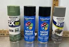 Assorted Spray Paint New and Used, Green, Black, Poppy Red, Grey