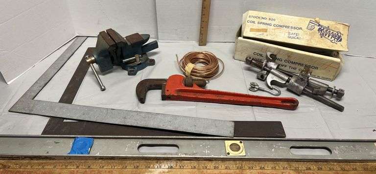 Workbench Vise, Level, Coil Spring Compressor, Pipe Wrench & Squares ...