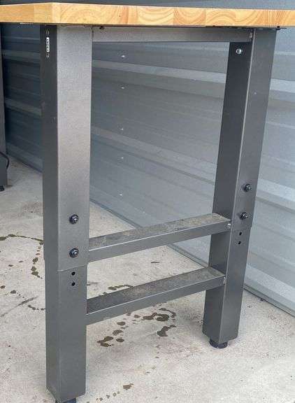 Wood Table w/ Adjustable Metal Legs & Power Strip On One End, Approx. 72” x 24”