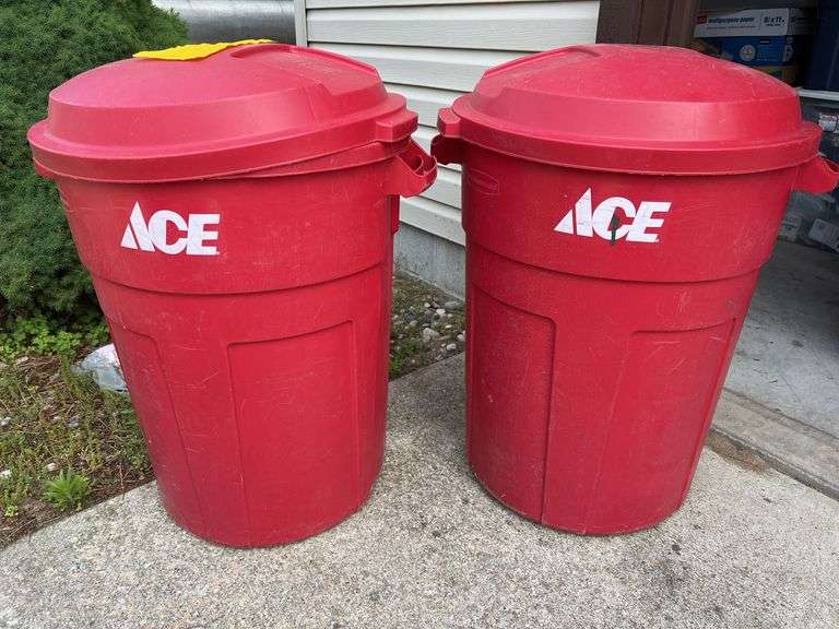 Two Rubbermaid Roughneck 32 Gallon Trash Cans w/ Lids