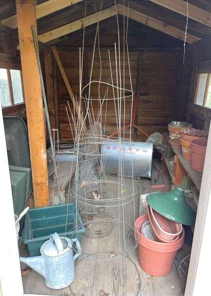 Scotts Stainless Steel Spreader, Lots of Planters, Tomato Cages, Old Stove & Fencing