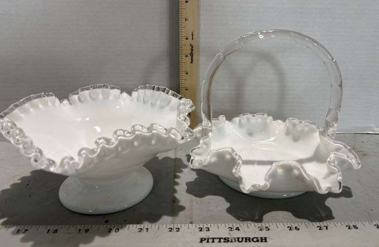 Fenton 1970s 'Silver Crest' White Milk & Clear Glass Ruffle Footed Bowl & Ruffled White Cased Glass 