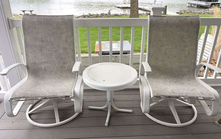 Two Bouncer Swivel Chairs & Metal 19” tall 22” round Table