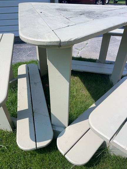 Wood 38” tall- 52” Triangle Table w/ Benches & Foot Rests