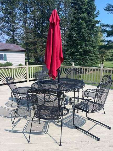 Metal 29” tall Table (54”x38”) w/ Six Chairs + Umbrella & 19” tall 24” round Side Table