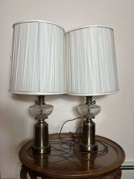 Antique Carved Wooden Side Table w/ Glass Top (21”T,27”L,19”W) + Brass & Cut Glass Table Lamps