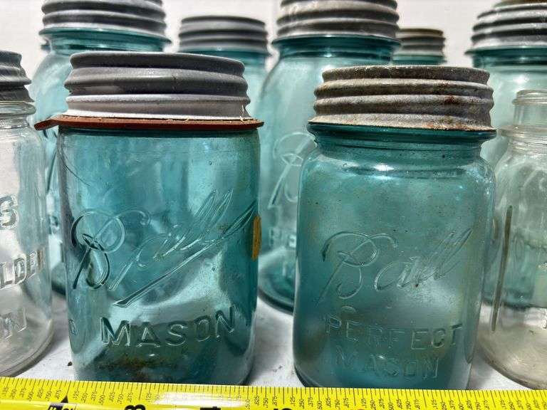 Assortment of Blue & Clear Mason Jars
