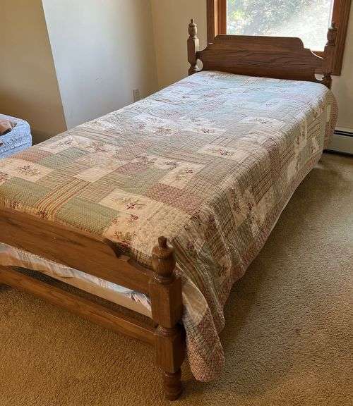 Wooden Twin Bed Frame, Mattress & Box Spring + Bedding