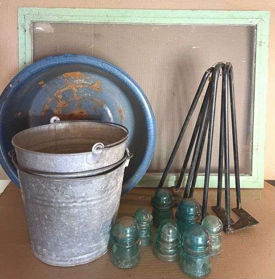 Wood Frame 33”x24” Screen, 4 Hairpin 18” tall Legs, Enamel Wash Tub, Buckets & Insulators