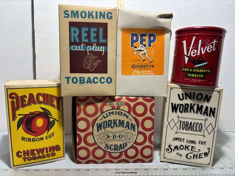Peaches, Reek, Pep, Union Workman Tobacco Advertisement Boxes & Velvet Tobacco Tin