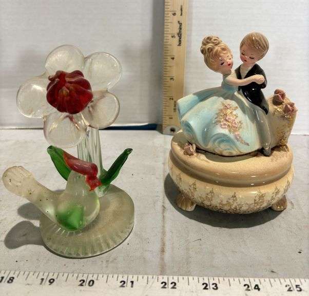 Josef Originals Anniversary Dancing Couple Tilt Head Music Box & Blown Glass Flower with Bird