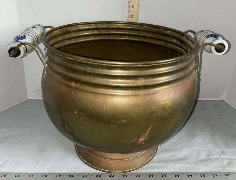 Copper Planter w/ Delft Blue and White Ceramic Handles (11”X 15”X 11”)