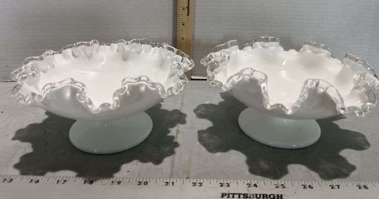 Two Fenton Silver Crest Milk Glass Ruffled Edge Candy Dish